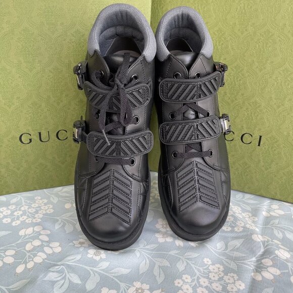 Gucci 718665 Black Leather Quebec Hi-top Calf Men's Sneakers Shoe, Sizes - Picture 9 of 16